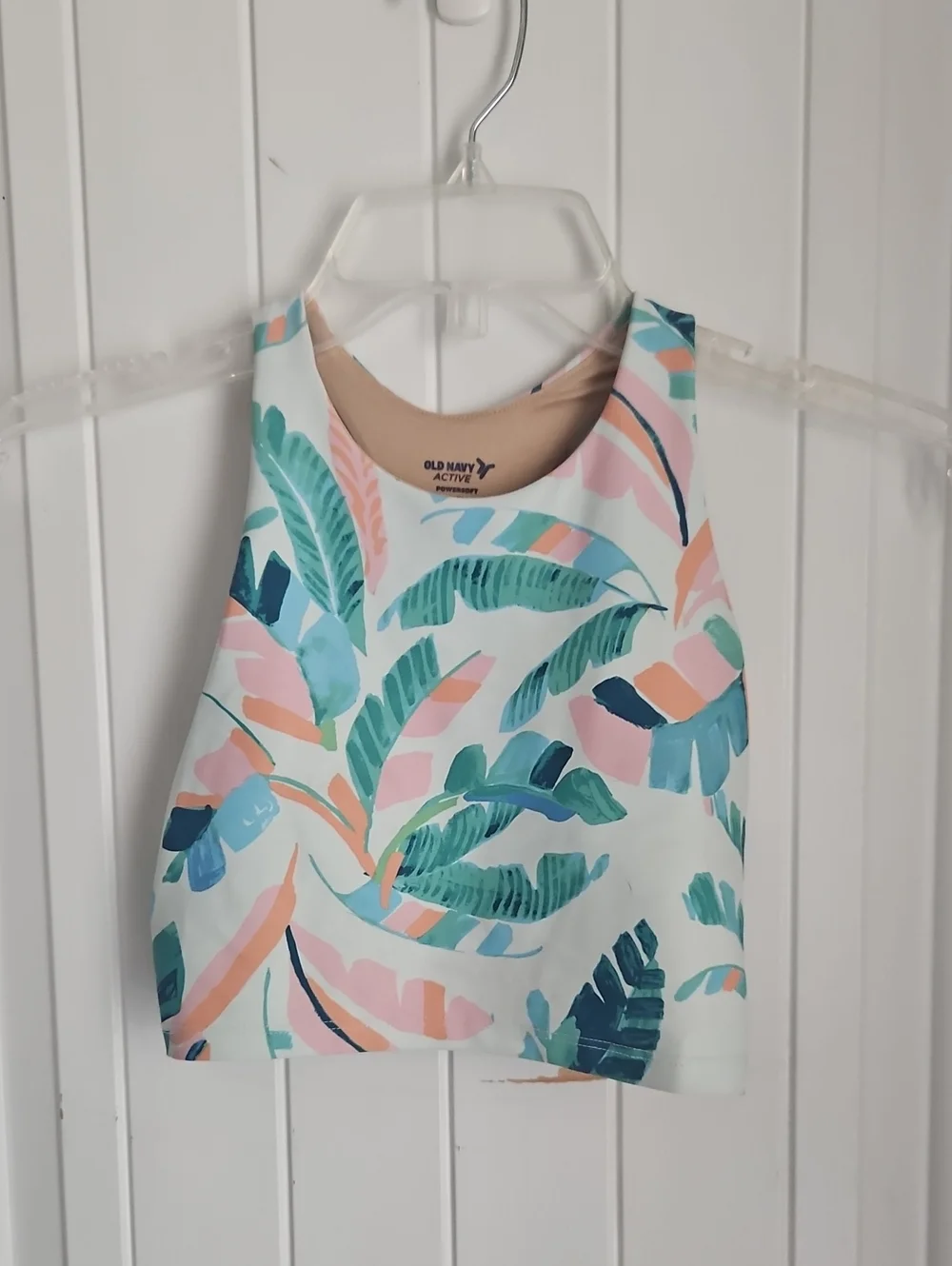 Old Navy Active Tropical Leaf Crop Tank - White, Teal, Pink